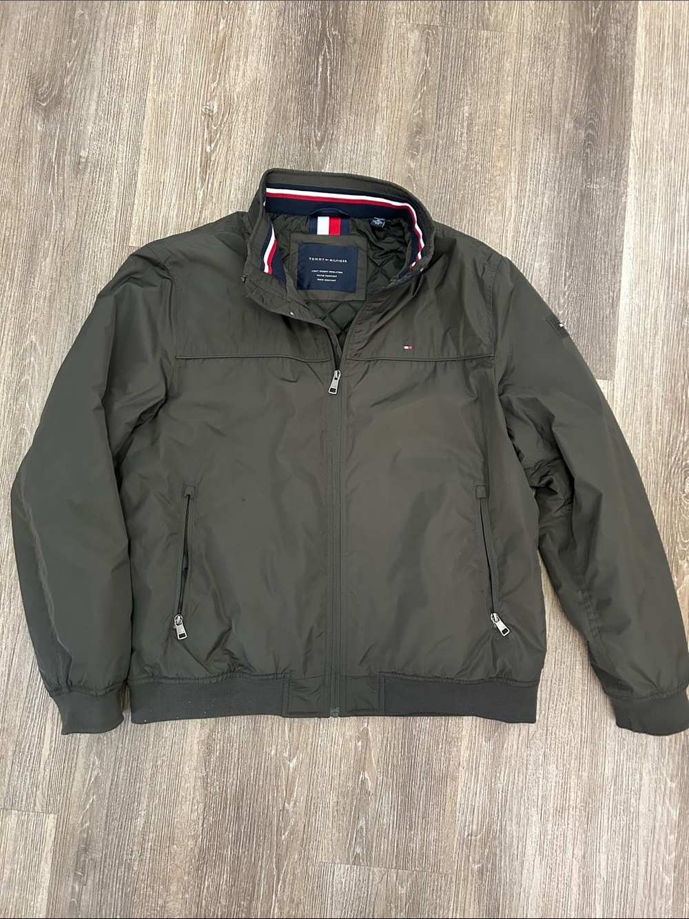 Tommy Hilfiger Men's Dark Olive Bomber Jacket with Flag Trim